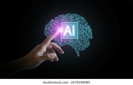 Futuristic concept of artificial intelligence with human finger pointing to glowing digital brain hologram, symbolizing deep learning, automation, and smart technology.