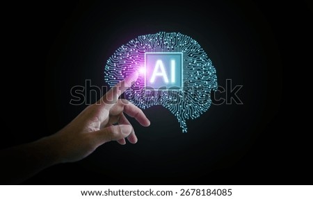 Futuristic concept of artificial intelligence with human finger pointing to glowing digital brain hologram, symbolizing deep learning, automation, and smart technology.