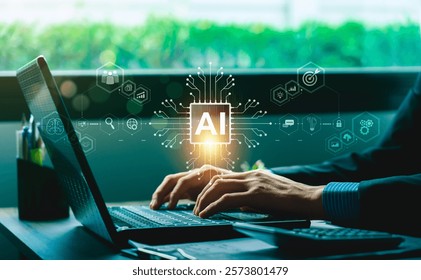 Futuristic Concept of Artificial Intelligence Technology Displayed as Glowing AI Chip Hovering Above a Hand with Digital Network Connections, technology, Innovation, Machine Learning, Data Integration