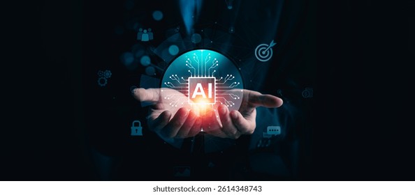 Futuristic concept of artificial intelligence technology showing a businessman holding a glowing AI chip, symbolizing control, responsibility, and the powerful potential of intelligent data processing