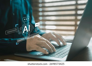Futuristic concept of artificial intelligence technology with person typing on laptop, AI chatbot interface, and digital communication icons, symbolizing innovation, automation, and data analysis.