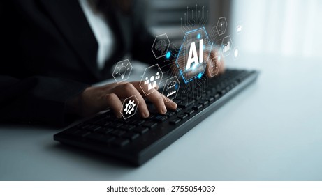 Futuristic Concept of Artificial Intelligence Technology Integration in Business with Hands Typing on Keyboard and Digital Icons Quark. - Powered by Shutterstock - Get 15% off with code: PIKWIZARD15
