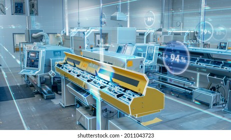 Futuristic Concept: Blurry Factory Digitalization with Information Showing Efficiency Percentage of High-Tech Modern Electronics Facility.