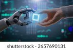 Futuristic Concept of Humanity and Artificial Intelligence Collaboration: Visualization of Human Giving Computer Microchip for Data Processing to Humanoid Robot. Symbol of Human-Machine Teamwork.