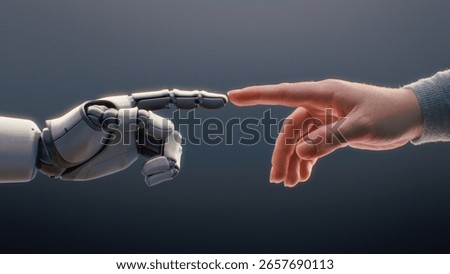 Futuristic Concept of Humanity and Artificial Intelligence Collaboration: Visualization of Humanoid Robot and Human Touching Fingertips, Creating Sparkling Light. Symbol of Technology and Innovation.