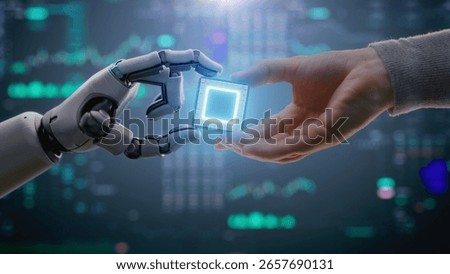 Futuristic Concept of Humanity and Artificial Intelligence Collaboration: Visualization of Human Giving Computer Microchip for Data Processing to Humanoid Robot. Symbol of Human-Machine Teamwork.