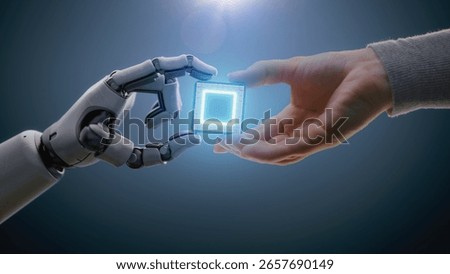 Futuristic Concept of Humanity and Artificial Intelligence Cooperation: Visualization of Human Giving Motherboard CPU Processor to Robot. Computer Microchip for Data Processing. Human-Machine Teamwork