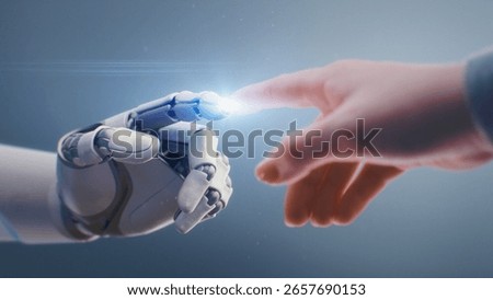 Futuristic Concept of Humanity and Artificial Intelligence Collaboration: Visualization of Humanoid Robot and Human Touching Fingertips, Creating Glowing Light. People and Robots Working Together.