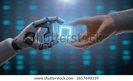 Futuristic Concept of Humanity and Artificial Intelligence Collaboration: Visualization of Human Giving Computer Microchip for Data Processing to Humanoid Robot. People and Robots Working Together.