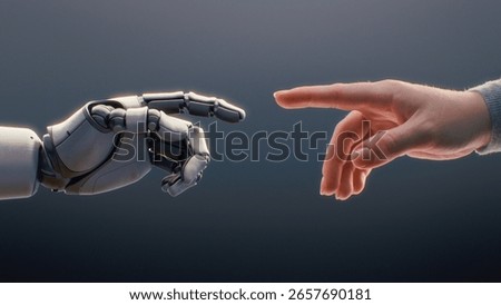 Futuristic Concept of Humanity and Artificial Intelligence Collaboration: Visualization of Humanoid Robot and Human Touching Fingertips, Creating Sparkling Light. Symbol of Technology and Innovation.