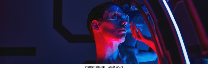 futuristic concept, humanoid alien in goggles inside innovative device in scientific lab, banner