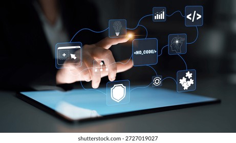Futuristic Concept of No-Code Development Showcasing Touchscreen Interaction with Data Icons and Application Tools for Users in Technology Visual Environment Quark.