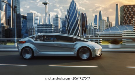 Futuristic Concept: Stylish Japanese Businessman Riding on a Back Seat of an Autonomous Self-Driving Zero-Emissions Electric Car. He is Riding on the Highway in the City of the Future.
