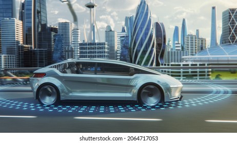 Futuristic Concept: Stylish Japanese Businessman Riding on a Back Seat of an Autonomous Self-Driving Zero-Emissions Electric Car. He is Riding on the Highway in the City of the Future.