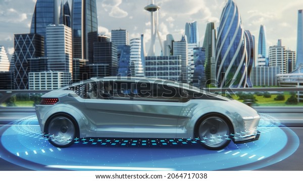 Futuristic\
Concept: Stylish Japanese Businessman Riding on a Back Seat of an\
Autonomous Self-Driving Zero-Emissions Electric Car. He is Riding\
on the Highway in the City of the\
Future.