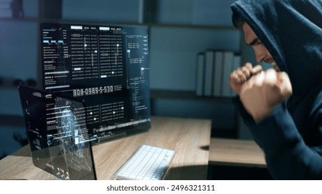 Futuristic cyber hacker operating under the guise of Anonymous, employs advanced algorithms to infiltrate cybersecurity systems and exploit vulnerabilities in password security. Concept : Cyber Hacker