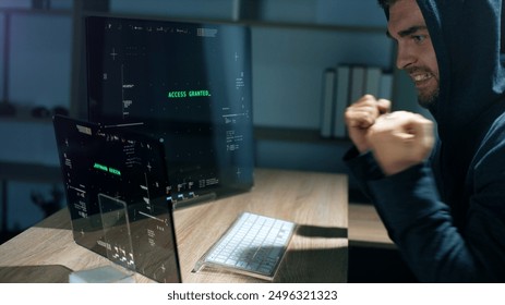 Futuristic cyber hacker operating under the guise of Anonymous, employs advanced algorithms to infiltrate cybersecurity systems and exploit vulnerabilities in password security. Concept : Cyber Hacker