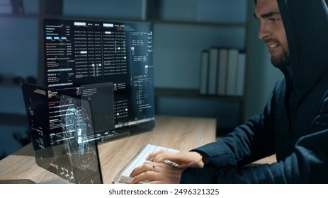 Futuristic cyber hacker operating under the guise of Anonymous, employs advanced algorithms to infiltrate cybersecurity systems and exploit vulnerabilities in password security. Concept : Cyber Hacker