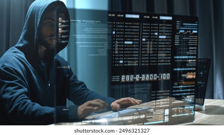 Futuristic cyber hacker operating under the guise of Anonymous, employs advanced algorithms to infiltrate cybersecurity systems and exploit vulnerabilities in password security. Concept : Cyber Hacker - Powered by Shutterstock