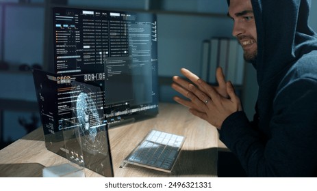 Futuristic cyber hacker operating under the guise of Anonymous, employs advanced algorithms to infiltrate cybersecurity systems and exploit vulnerabilities in password security. Concept : Cyber Hacker