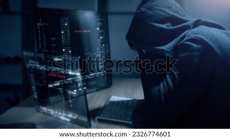Futuristic cyber hacker operating under the guise of Anonymous, employs advanced algorithms to infiltrate cybersecurity systems and exploit vulnerabilities in password security. Concept : Cyber Hacker