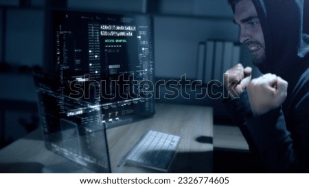 Futuristic cyber hacker operating under the guise of Anonymous, employs advanced algorithms to infiltrate cybersecurity systems and exploit vulnerabilities in password security. Concept : Cyber Hacker