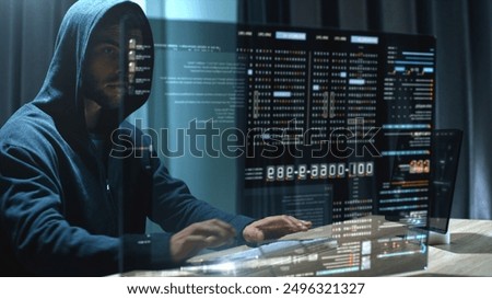 Futuristic cyber hacker operating under the guise of Anonymous, employs advanced algorithms to infiltrate cybersecurity systems and exploit vulnerabilities in password security. Concept : Cyber Hacker