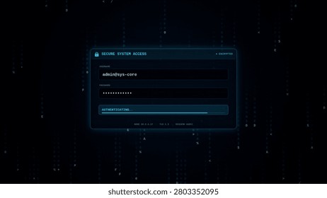 Futuristic cyber security login interface displaying secure system access, admin authentication, and a loading bar against a dark digital binary code matrix background - Powered by Shutterstock - Get 15% off with code: PIKWIZARD15