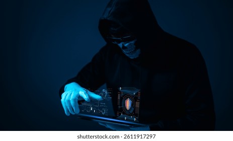 Futuristic Cyberpunk Black Hoodie clad Figure With Skull Mask Navigating Digital Interface In Dark Landscape, Highlighting Cybersecurity Technology, Data Protection With Intricate Data Visualizations