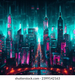 a futuristic, cyberpunk city center. downtown. neon lights. illustration of a modern cityscape at night. urban city landscape background