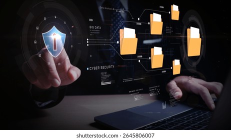 Futuristic cybersecurity interface with hands on keyboard, digital file folders, and big data visualization symbolizing data protection and secure cloud storage systems. 3d Rendering