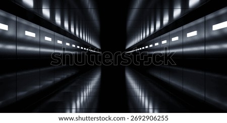 Futuristic dark corridor with reflective lights