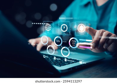 Futuristic data analytics and business intelligence concept. Businessman using a digital dashboard with AI-powered insights to optimize financial strategy, and Innovation in digital transformation.