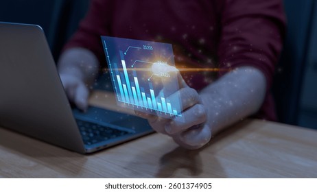Futuristic Data Analytics and Business Intelligence with Holographic Bar Chart Visualization