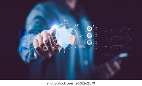 Futuristic data analytics ,digital technology concept with businessman hand touching virtual dashboard interface, symbolizing big data, artificial intelligence, business growth, smart decision making
