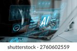 Futuristic Data Analytics Interface with AI Technology Concept Overlaid on Laptop Screen in Modern Work Environment Sigmoid