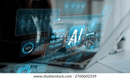 Futuristic Data Analytics Interface with AI Technology Concept Overlaid on Laptop Screen in Modern Work Environment Sigmoid