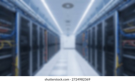 Futuristic Data Center Corridor with Server Racks, Technology, Innovation, and Blue Lights.