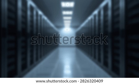 A futuristic data center interior with rows of server racks stretching into the distance, illuminated by bright overhead lights.