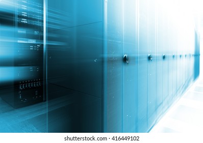 Futuristic Data Center With Rows Supercomputers Motion Blur