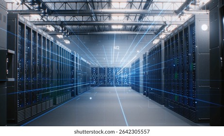 Futuristic Data Center with Server Racks in Big Warehouse. Animated Visualization of Data Flow, Internet Traffic on Servers. Information Technology, Digitalization Concept. VFX Animation. Dolly Shot.