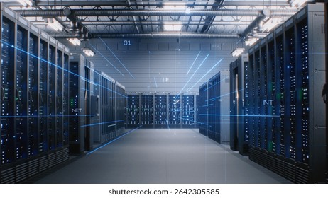 Futuristic Data Center with Server Racks in Big Warehouse. Animated Visualization of Data Flow, Internet Traffic on Servers. Information Technology, Digitalization Concept. VFX Animation. Dolly Shot.