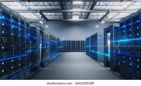 Futuristic Data Center with Server Racks in Big Warehouse. Animated Visualization of Data Flow, Internet Traffic on Servers. Information Technology, Digitalization Concept. VFX Animation. Dolly Shot.