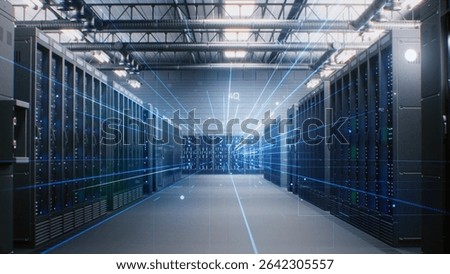 Futuristic Data Center with Server Racks in Big Warehouse. Animated Visualization of Data Flow, Internet Traffic on Servers. Information Technology, Digitalization Concept. VFX Animation. Dolly Shot.