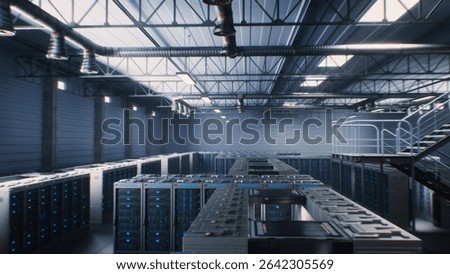 Futuristic Data Center with Server Racks in Big Warehouse. Animated Visualization of Internet Servers, AI Information Technology and Cybersecurity. IOT and Digitalization Concept. VFX Animation.