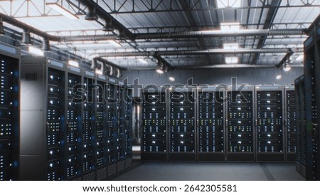 Futuristic Data Center with Server Racks in Big Warehouse. Animated Visualization of Internet Servers, AI Information Technology and Cybersecurity. Concept of IOT and Digitalization. VFX Animation.