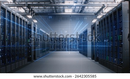 Futuristic Data Center with Server Racks in Big Warehouse. Animated Visualization of Data Flow, Internet Traffic on Servers. Information Technology, Digitalization Concept. VFX Animation. Dolly Shot.
