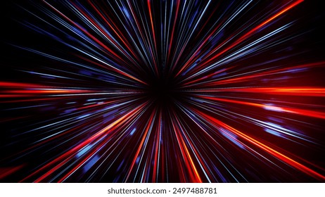 Futuristic data flow. Explosion effect. Sci-fi Motion wallpaper. Neon Glowing Rays in Motion. Hyper Speed Space Travel Concept.