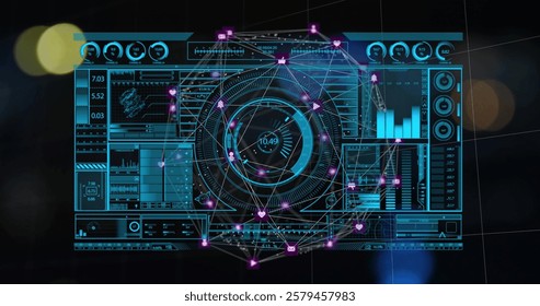 Futuristic data interface with graphs and charts, network connections image. Technology, digital, analytics, virtual, cyber, innovation