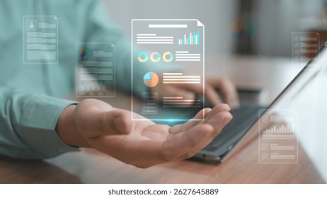 A futuristic data interface with graphs and charts floating above an open palm representing big data, business analytics, and digital management. - Powered by Shutterstock - Get 15% off with code: PIKWIZARD15